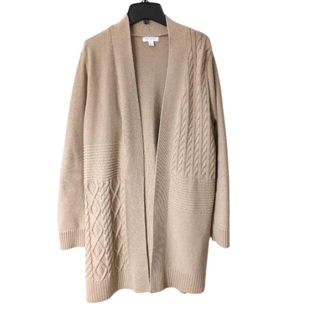 Charter Club Cotton Blend Textured Patchwork‎ Cardigan Tan Size L